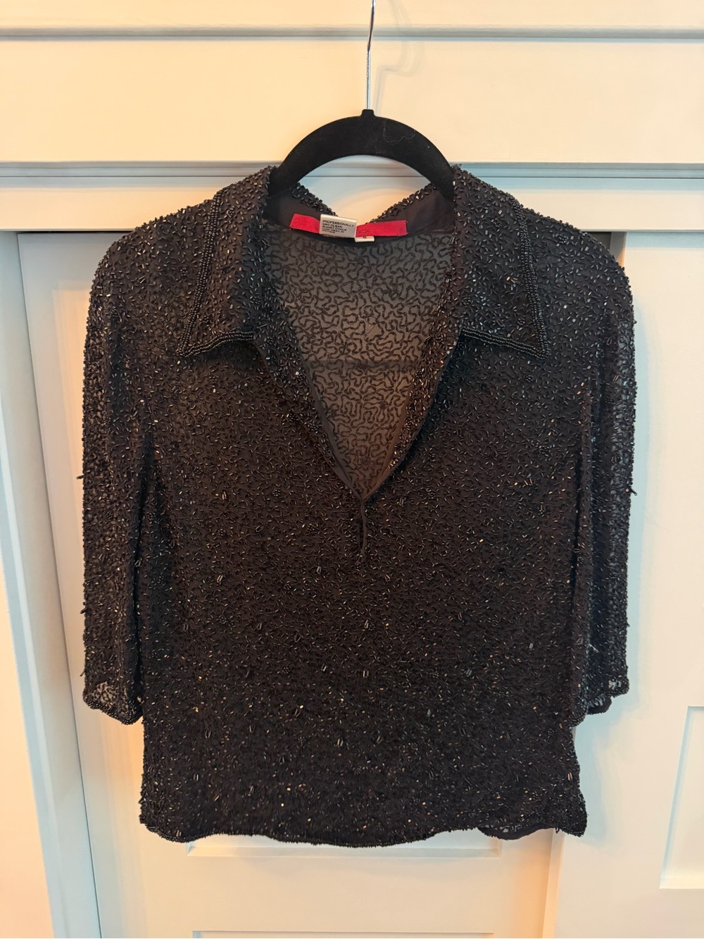 Beaded Collared V-Neck Knit Top - Women's